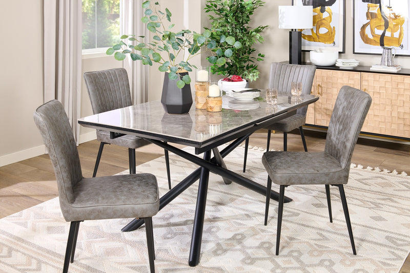 Table de salle à manger Tavo en pierre frittée et métal avec rallonge de 63 po à 79 po (L) et base piédestal géométrique - grise et noire