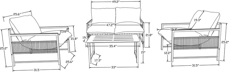 Ensemble Vegas 4 pièces pour la terrasse à l’extérieur avec causeuse, 2 fauteuils et table à café - gris et noir