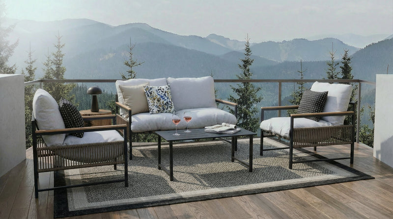 Ensemble Vegas 4 pièces pour la terrasse à l’extérieur avec causeuse, 2 fauteuils et table à café - gris et noir