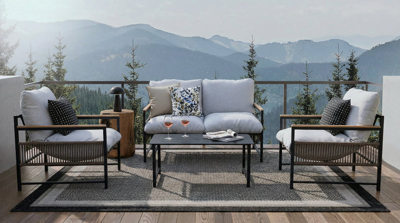 Ensemble Vegas 4 pièces pour la terrasse à l’extérieur avec causeuse, 2 fauteuils et table à café - gris et noir