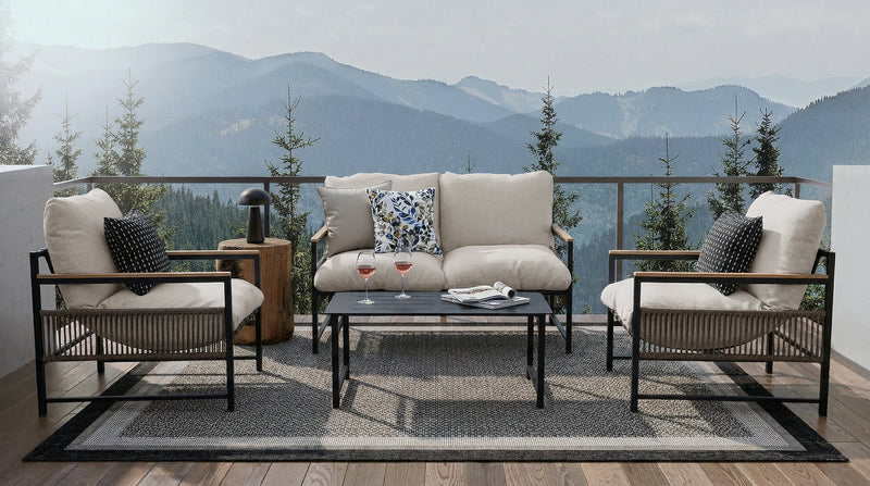 Ensemble Vegas 4 pièces pour la terrasse à l’extérieur avec causeuse, 2 fauteuils et table à café - naturel et noir