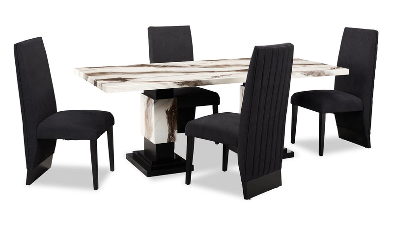 Table de salle à manger Vega de 82 po (L) avec imitation de marbre et base piédestal - noire et blanche