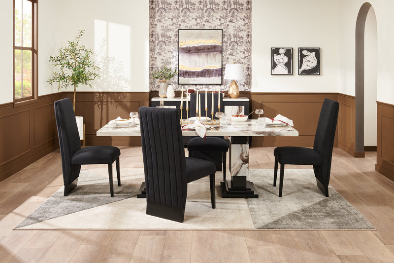 Table de salle à manger Vega de 82 po (L) avec imitation de marbre et base piédestal - noire et blanche