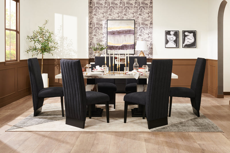 Table de salle à manger Vega de 82 po (L) avec imitation de marbre et base piédestal - noire et blanche