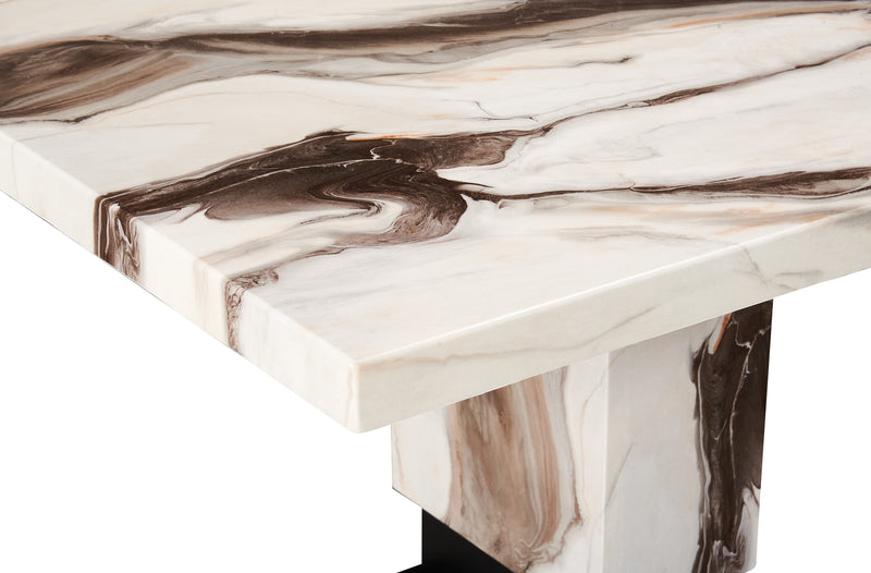 Table de salle à manger Vega de 82 po (L) avec imitation de marbre et base piédestal - noire et blanche