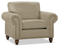  Fauteuil Wynn de 47 po fabriqué au Canada en tissu de chenille avec bordure de clous décoratifs et pattes en oignon en bois - taupe