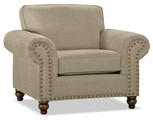 Fauteuil Wynn de 47 po fabriqué au Canada en tissu de chenille avec bordure de clous décoratifs et pattes en oignon en bois - taupe 