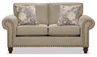  Causeuse Wynn de 70 po fabriquée au Canada en tissu de chenille avec bordure de clous décoratifs et pattes en oignon en bois - taupe