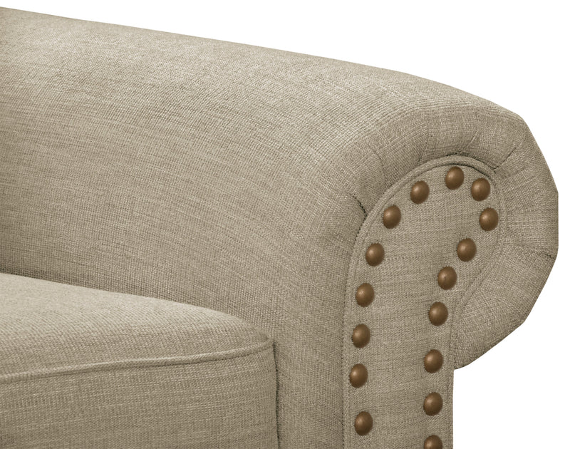 Sofa Wynn de 93 po fabriqué au Canada en tissu de chenille avec bordure de clous décoratifs et pattes en oignon en bois - taupe
