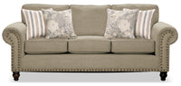  Sofa Wynn de 93 po fabriqué au Canada en tissu de chenille avec bordure de clous décoratifs et pattes en oignon en bois - taupe
