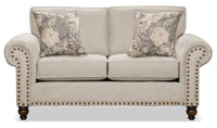  Causeuse Wynn de 70 po fabriquée au Canada en tissu de chenille avec bordure de clous décoratifs et pattes en oignon en bois - lin