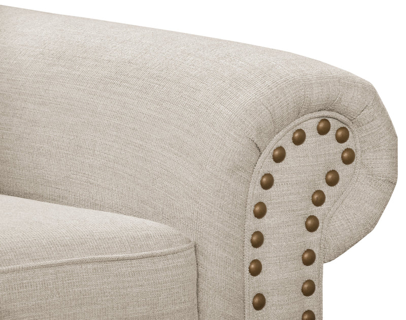 Sofa Wynn de 93 po fabriqué au Canada en tissu de chenille avec bordure de clous décoratifs et pattes en oignon en bois - beige lin