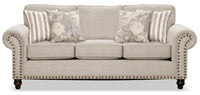  Sofa Wynn de 93 po fabriqué au Canada en tissu de chenille avec bordure de clous décoratifs et pattes en oignon en bois - beige lin
