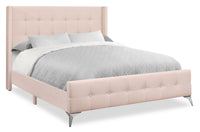  Lit rembourré Zara en tissu d’apparence lin rose avec capitonnage à boutons - format grand lit