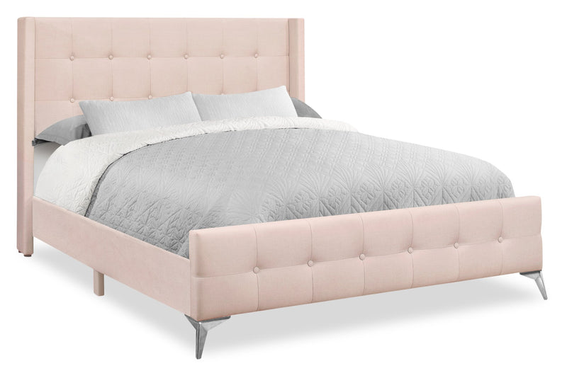 Lit rembourré Zara en tissu d’apparence lin rose avec capitonnage à boutons - format grand lit