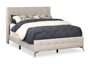 Lit rembourré Zara en tissu d’apparence lin beige avec capitonnage à boutons - format grand lit