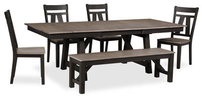 Zao 6pc Dining Set with Table, Bench & 4 Chairs, 66-94"W Extension, Melamine - Brown | Ensemble de salle à manger Zao 6 pièces en mélamine avec table, rallonge de 66 po à 94 po (L), banc et 4 chaises - brun
