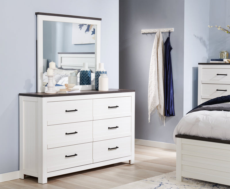 Commode Zoey de 58,3 po (L) x 37,1 po (H) à 6 tiroirs pour la chambre à coucher - deux teintes, blanc et brun