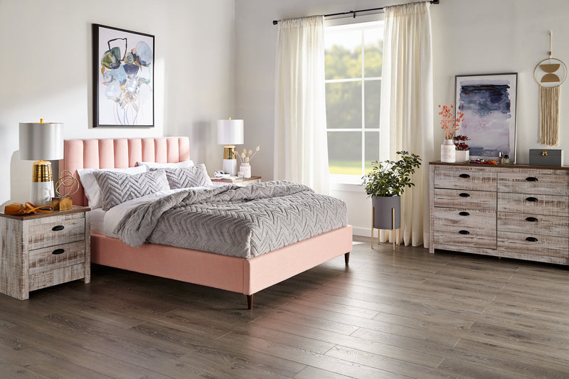 Lit plateforme rembourré Rain de Kort & Co. en tissu rose capitonné - format grand lit