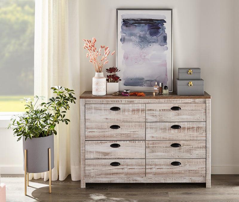 Commode Kaia de 54,06 po (L) x 37,7 po (H) à 8 tiroirs pour la chambre à coucher, fabriquée au Canada - blanchie