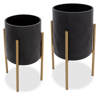 Pot à fleurs à motif aztèque en fer noir et doré - ensemble de 2