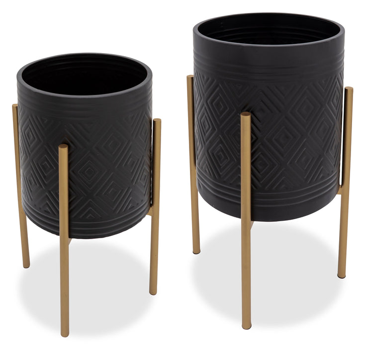 Pot à fleurs à motif aztèque en fer noir et doré - ensemble de 2
