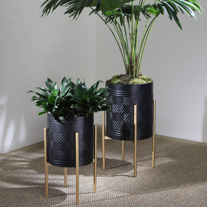 Pot à fleurs à motif aztèque en fer noir et doré - ensemble de 2