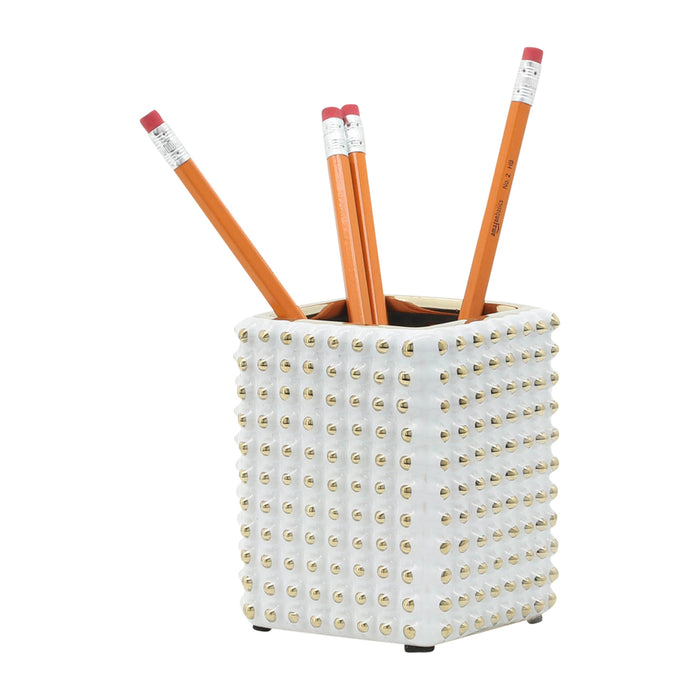 Porte-crayons en céramique blanche et dorée de 4 po