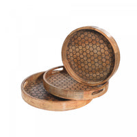 Ensemble de 3 plateaux ronds en manguier avec motif alvéolé et poignées
