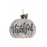 Décoration murale en forme de citrouille « Thankful » blanche en bois