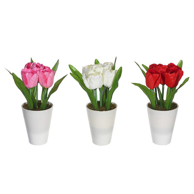 Artificial Tulips in White Plastic Pot - Set of 3 Artificial Flower|Tulipes artificielles dans un pot en plastique blanc - ensemble de 3 fleurs artificielles