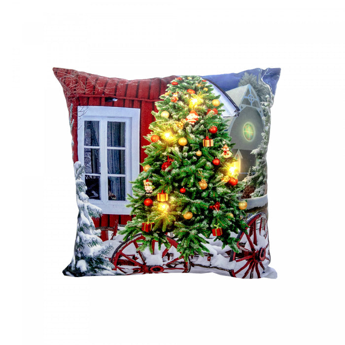 Coussin à DEL 18 x 18 en velours orné d’un arbre de Noël sur un wagon - ensemble de 2 coussins
