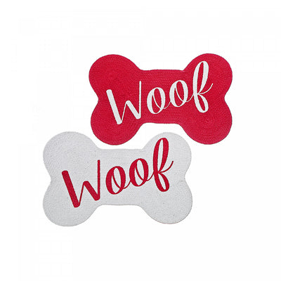 Braided Cotton Bone Shape Pet Mat Woof - Set of 2 Floormat|Tapis de plancher pour animaux « Woof » en forme d’os en coton tressé - ensemble de 2 tapis de plancher