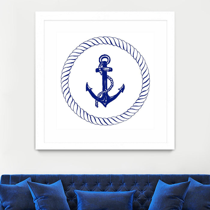 Œuvre d’art murale encadrée blanche et mate « Blue Nautical Circle I » 30 x 30