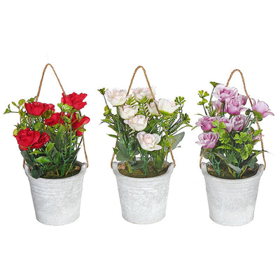Artificial Roses in Cement Hanging Pot - Set of 3 Artificial Flower|Roses artificielles dans un pot en ciment à accrocher - ensemble de 3 fleurs artificielles