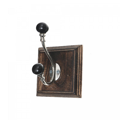 Antique Nickel Hook with Black Knob on Wood Base Walnut - Set of 2 Hooks|Crochet de couleur nickel antique avec boutons noirs et base en bois de couleur noisette - ensemble de 2 crochets