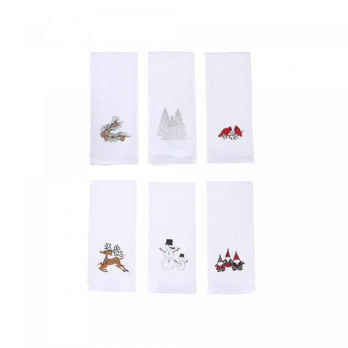 Linge à vaisselle blanc brodé à motif gaufré - ensemble de 6 pièces de linge pour la cuisine