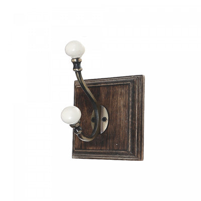 Antique Brass Hook with Ivory Knob on Wood Base Walnut - Set of 2 Hooks|Crochet de couleur laiton antique avec boutons ivoire et base en bois de couleur noisette - ensemble de 2 crochets