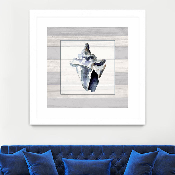 Œuvre d’art murale encadrée blanche et mate « Muted Blue Sea Conch On Wood » 36 x 36