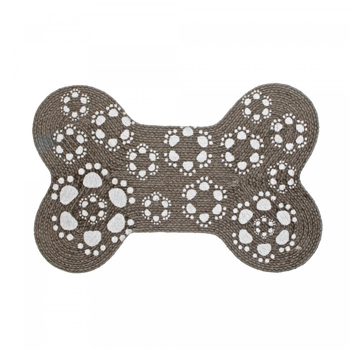 Tapis de plancher pour animaux en forme d’os en coton tressé orné d’empreintes de pattes grises