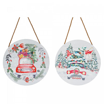 MDF Round Wall Hanger Holiday Red Truck - Set of 2 Wall Decor|Décoration murale ronde ornée d’un camion rouge des Fêtes en panneaux de fibres à densité moyenne - ensemble de 2 décorations murales