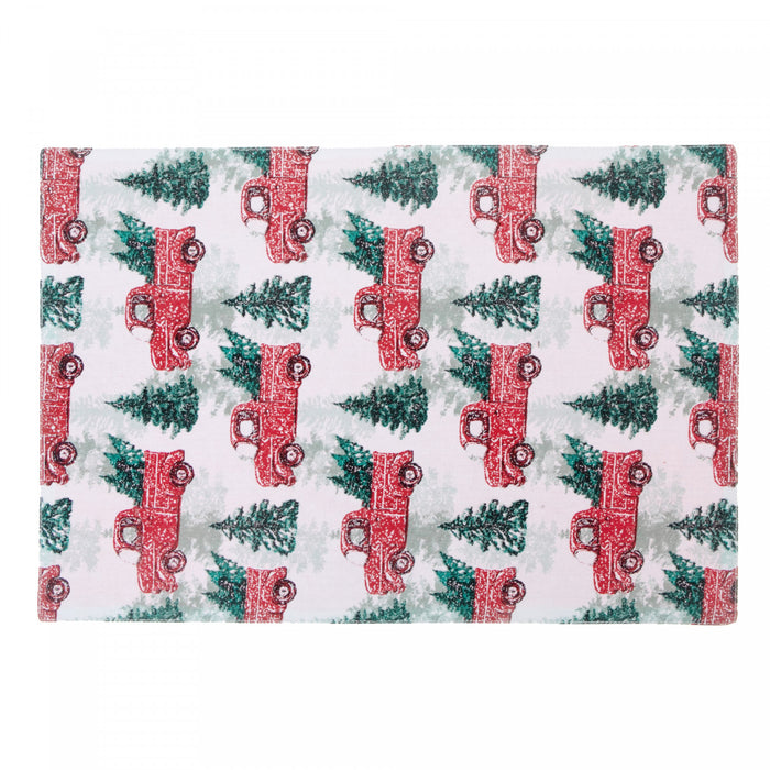 Napperon en coton ornée de camions rouges avec arbres - ensemble de 12