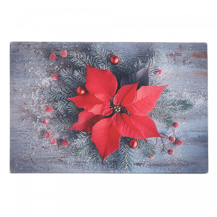 Planche à découper en verre imprimé d’une photo d’un centre de table de poinsettia