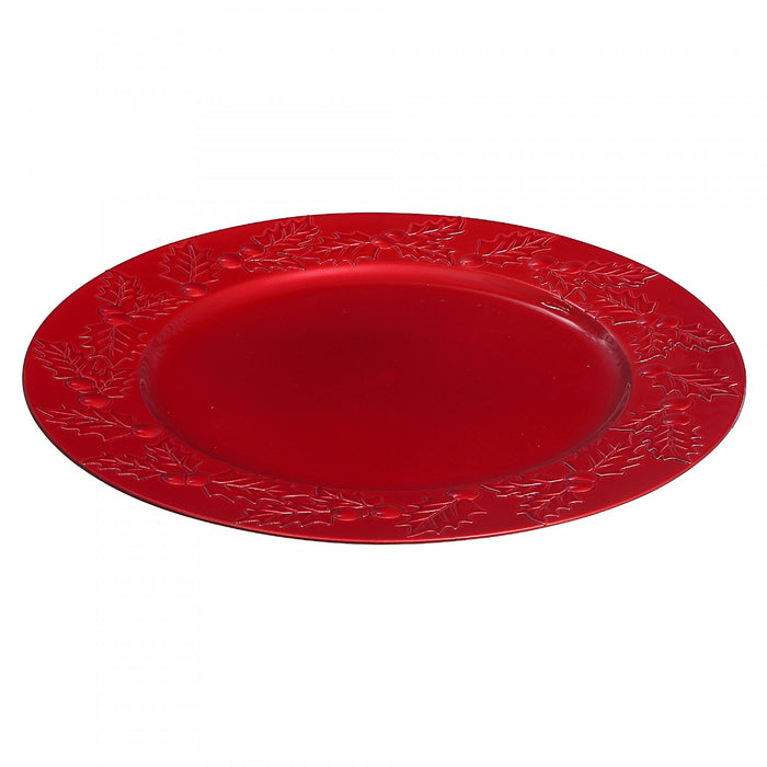 Assiette de présentation de 13 po rouge ornée de houx - ensemble de 6