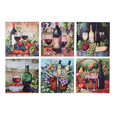 8" Square Ceramic Trivet Winery - Set of 6 Coaster|Sous-verre carré de 8 po en céramique orné d’un vignoble - ensemble de 6 sous-verre