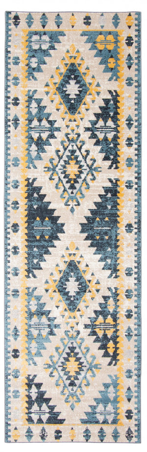 Carpette Mosaic taupe et bleue lavable à la machine - 2 pi 6 po x 8 pi 0 po
