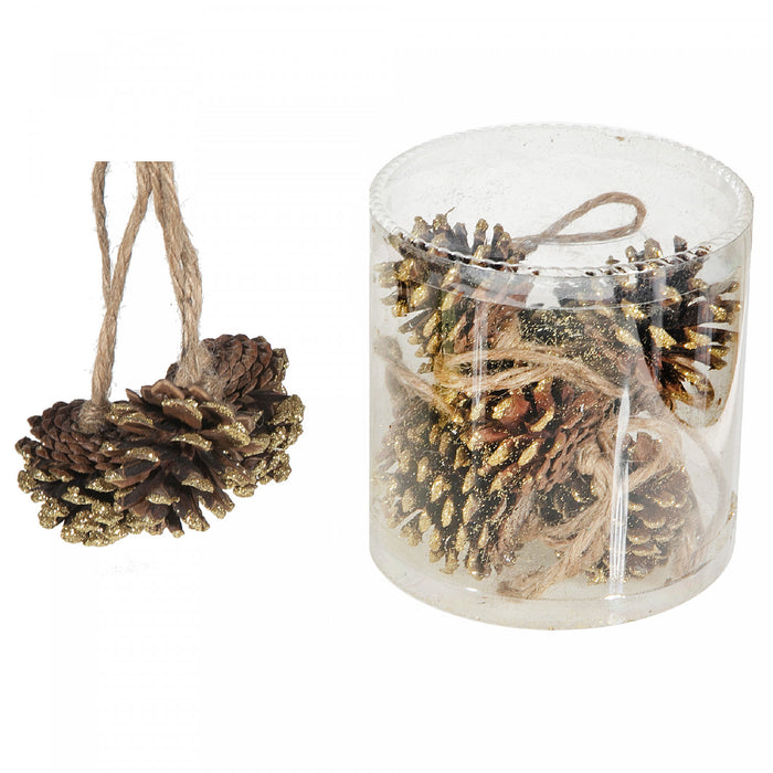 Paquet de 12 pommes de pin dorées dans un tube en PVC - ensemble de 2 paquets d’ornements de Noël