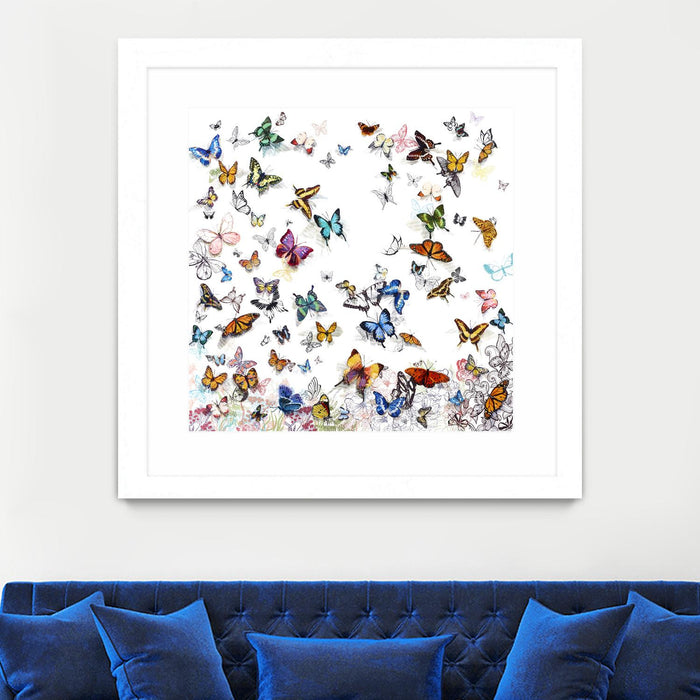 Œuvre d’art murale encadrée blanche et mate « Papillon » 36 x 36