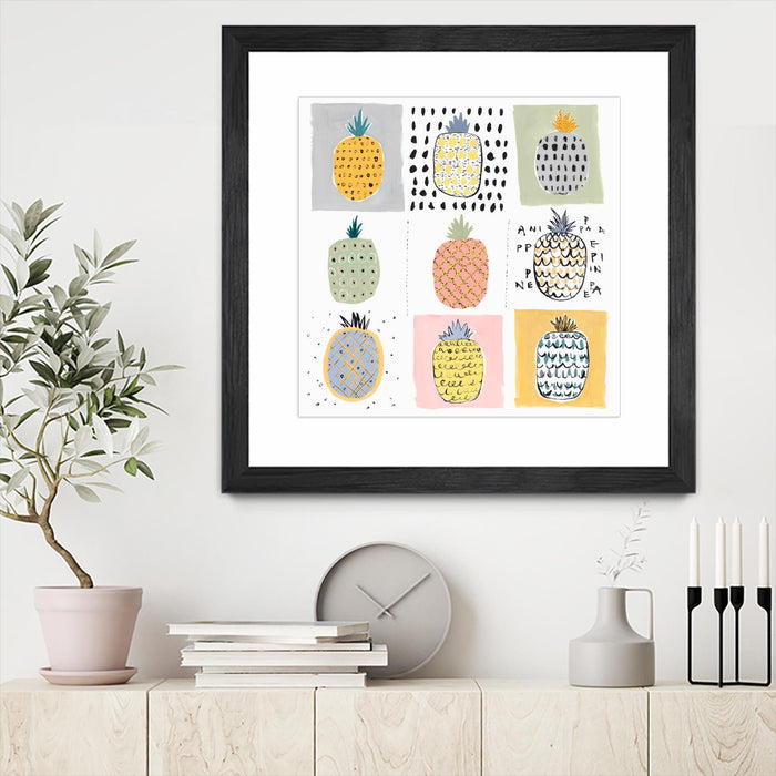 Œuvre d’art murale encadrée noire et mate « Nine Pineapples » 30 x 30