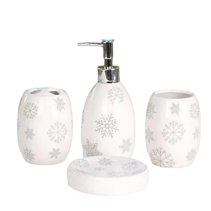 Ensemble de 4 accessoires en céramique blanche à motif de flocons de neige pour la salle de bain